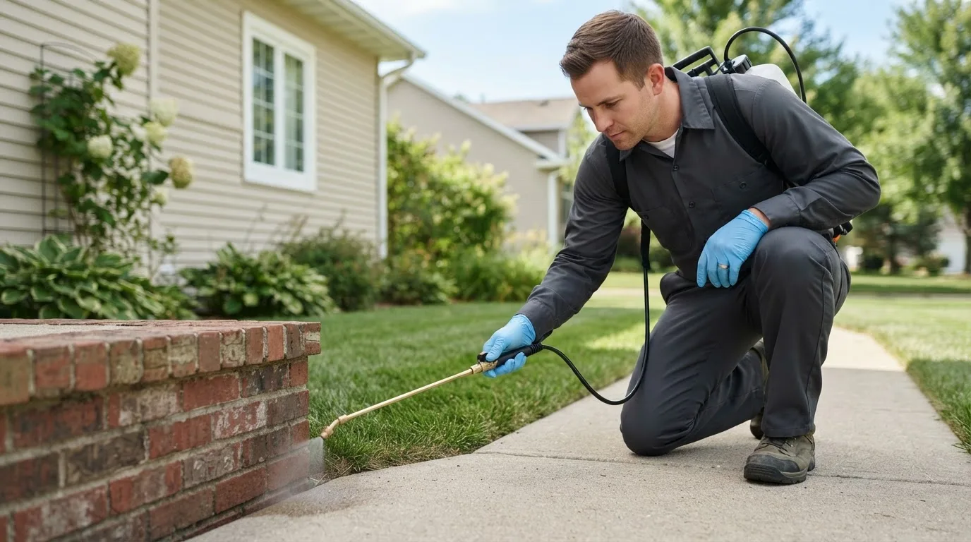 Pest control technician treating a home near Leetsdale, PA